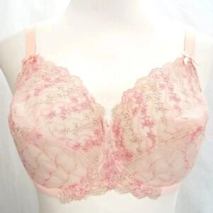 36DD Enamor FF07 Rose Semi Sheer Embroidered Lace Underwire Full Figure Bra Pink